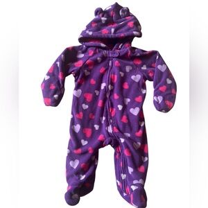 Faded Glory Baby Fleece Bunting Snowsuit Purple Heart Print 3–6M Hooded